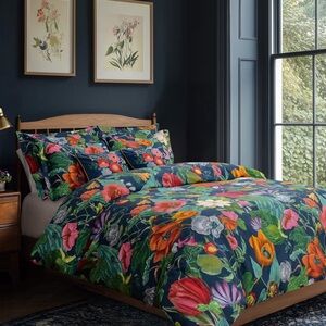 🆕 PB Style Floral Print King Duvet Sateen Cotton 3
Piece Set Navy Blue Pink NWT